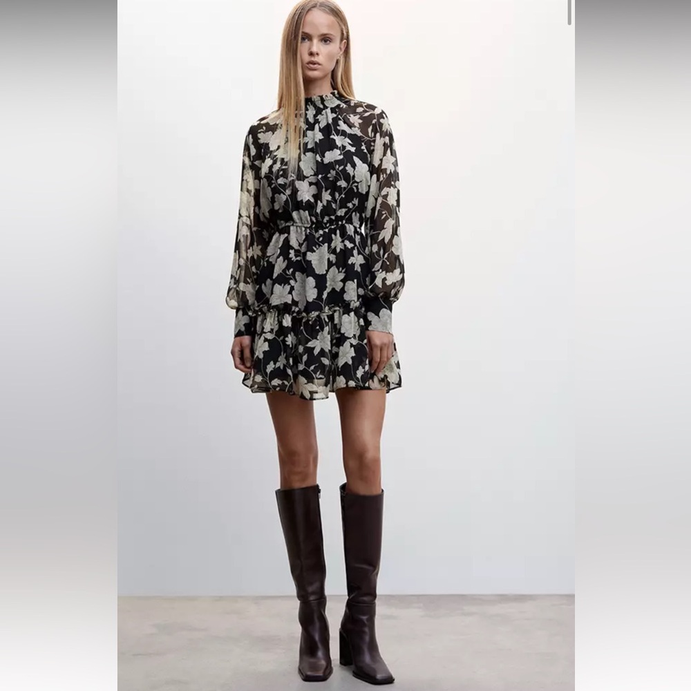 Mango Floral Black and Cream Dress